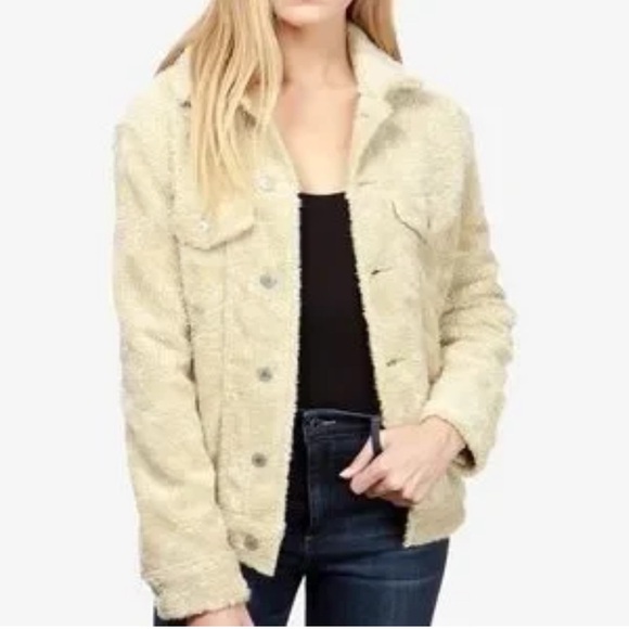 LUCKY BRAND Faux sherpa cream snap button American style woman trucker jacket L - Picture 1 of 15